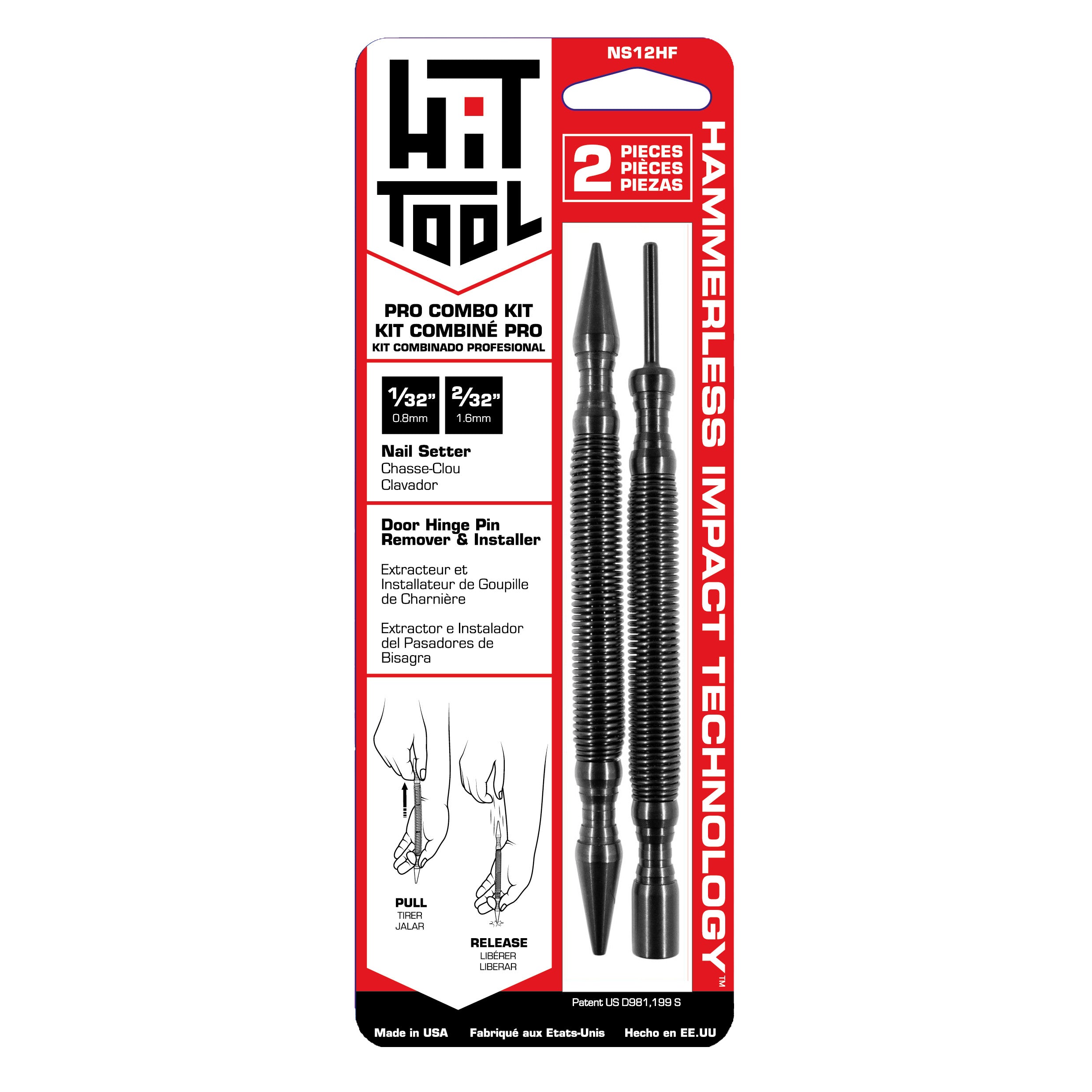Kit 1/32″ and 2/32″ Nail Setters, Door Hinge Pin Punch and Steel Hammer NS12HF